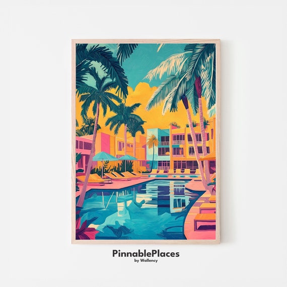 Miami Poolside Art Print Tropical Palm Trees Illustration File