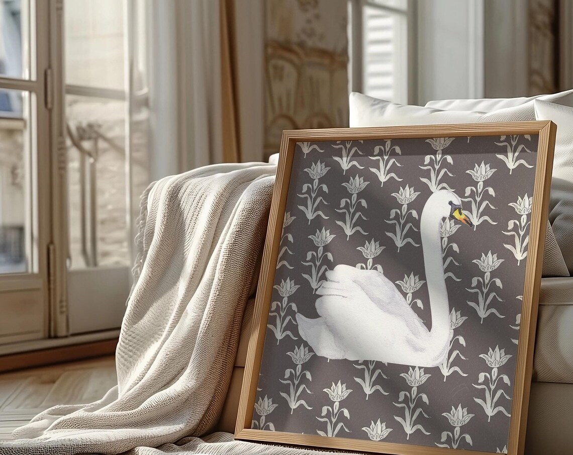 Elegant White Swan on Moody Charcoal Floral Wallpaper Poster