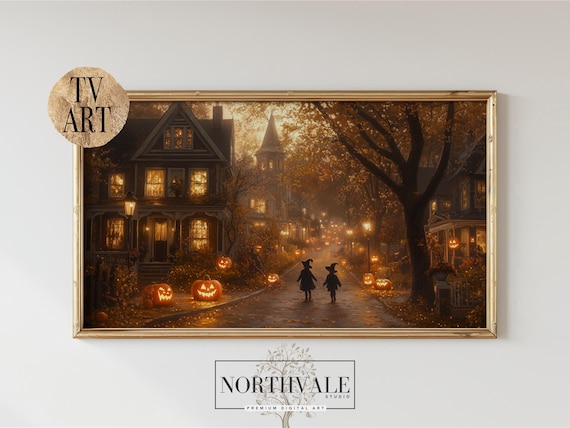 Autumn Colonial Street Frame Tv Art Vintage Oil Painting Style Halloween Pumpkin Decor Fall Rustic Landscape 121