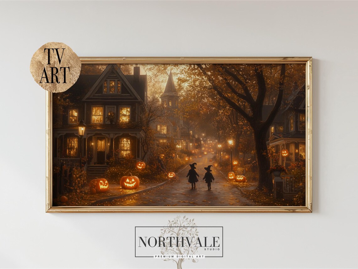 Halloween Autumn Colonial Street Witches Jack O Lanterns Poster