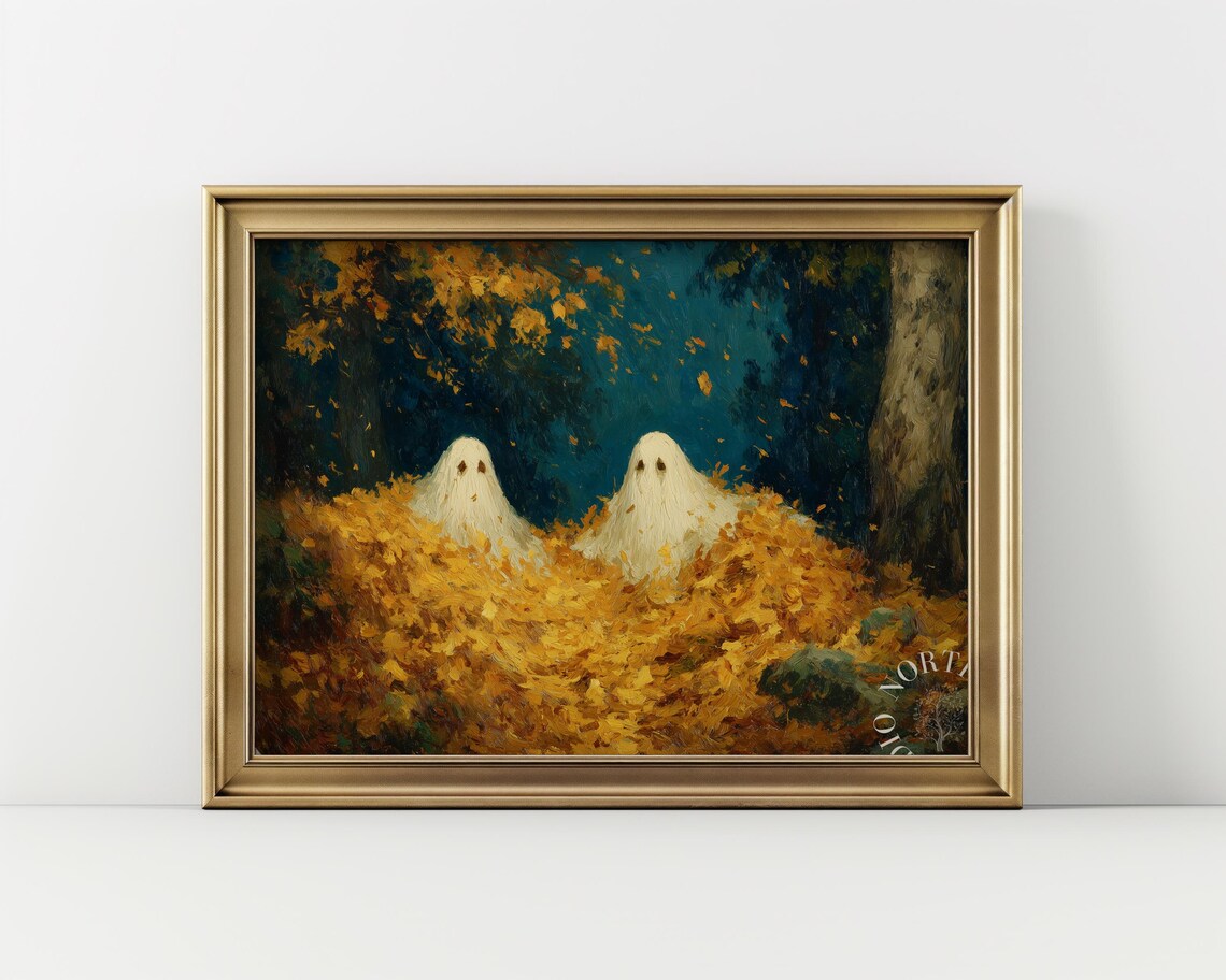 Ghostly Halloween Art Print Playful Ghosts In Fall Leaves