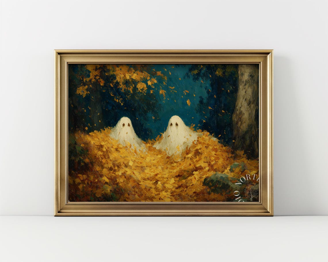 Two Ghosts Playing In Golden Autumn Leaves Painterly Wall Art