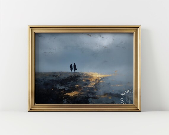 Moody Minimalist Landscape Two Figures On Canvas Impressionist Wall Art Rustic Winter Decor 157