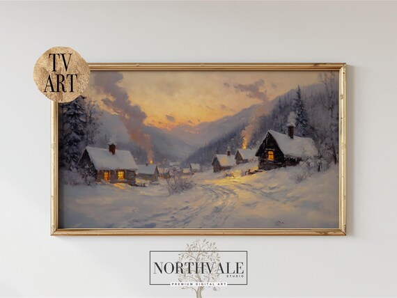 Rustic Winter Village Snowy Cabins Golden Sunset Tv Art Poster