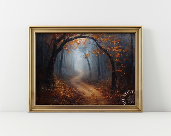 Autumn Forest Path Art Print Moody Landscape Oil Painting
