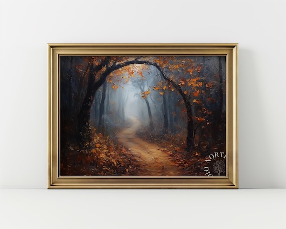 Moody Autumn Forest Path Misty Golden Leaves Oil Painting Poster