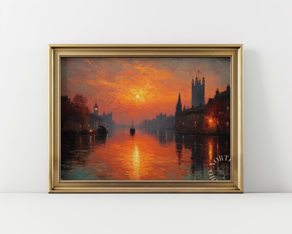 Vintage Autumn Sunset On The River Oil Painting Rustic Landscape Wall Art Warm Uk Evening Scene 159