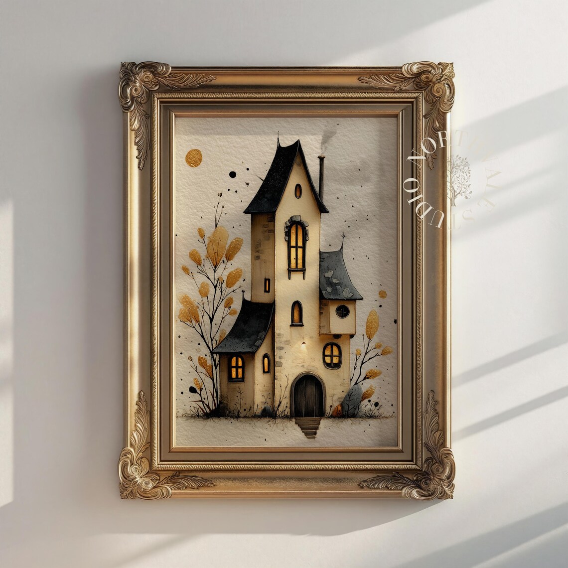 Spooky Halloween Cottage Print Rustic Tower Autumn Scene