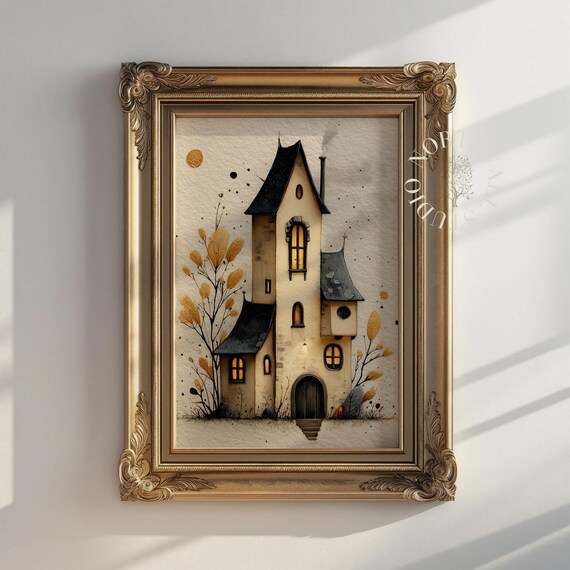 Spooky Halloween Cottage Print Rustic Tower Autumn Scene