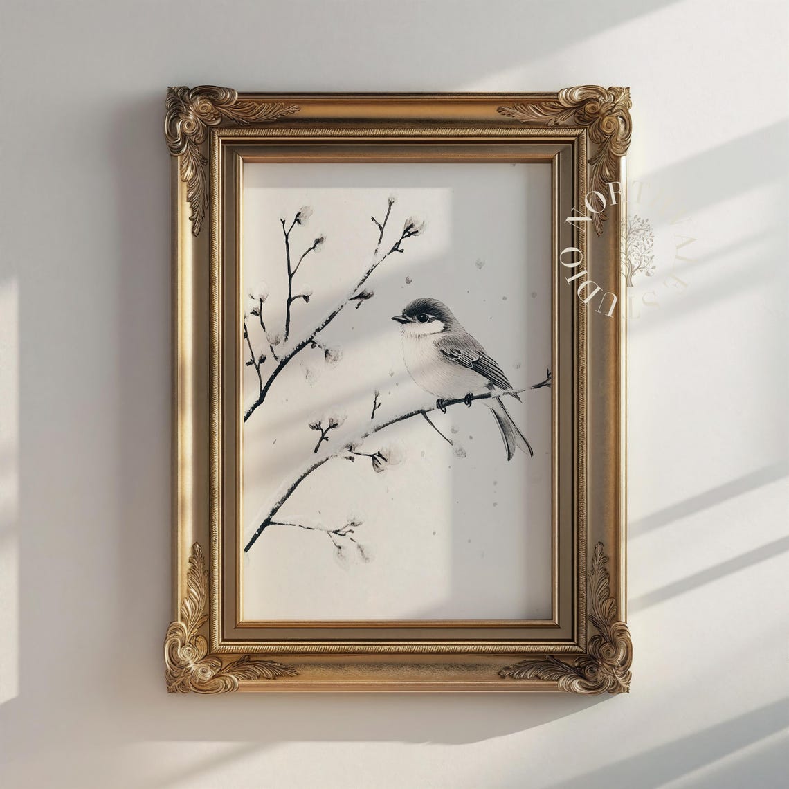 Ink Drawing Bird On Snowy Branch Elegant Winter Nature Poster