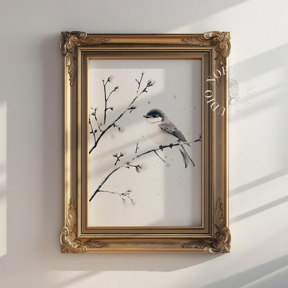Ink Drawing Of Bird On Snowy Branch Winter Nature Art Elegant Black And White Wall Decor Delicate Minimalist Style 146