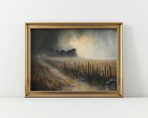 Moody Landscape Wall Art Rustic Countryside Path With Misty Castle Vintage Oil Painting Earthy Decor 38