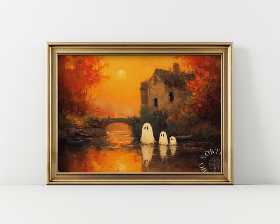 Vintage Halloween Scene Cute Chibi Ghosts Spooky Sunset Print
