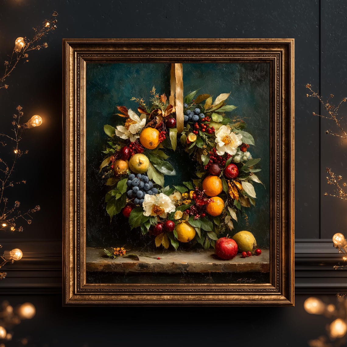 Vintage Christmas Wreath Print Festive Holiday Wall Art Rustic Fruit Decor Seasonal Artwork Classic Charm 103