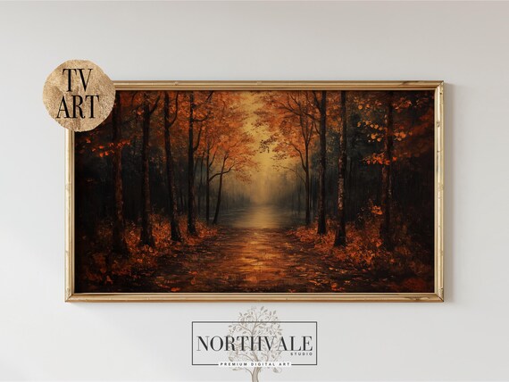 Rustic Autumn Forest Frame Tv Art Impasto Oil Painting Moody Fall Landscape For Shadowy Nature Scene Decor 11