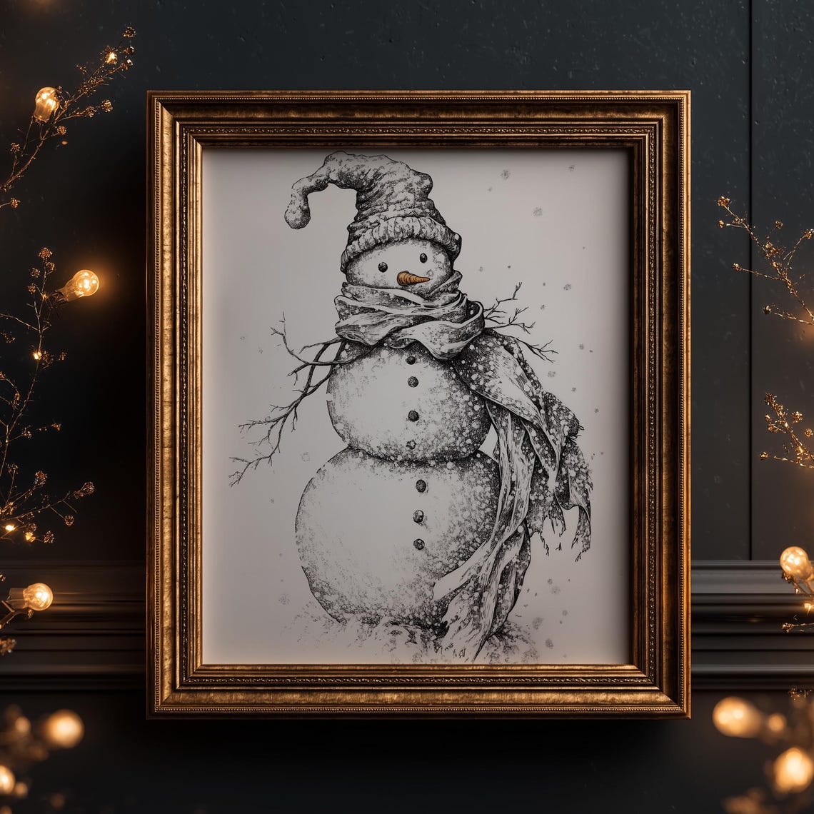 Vintage Snowman Black And White Pen And Ink Winter Art Poster
