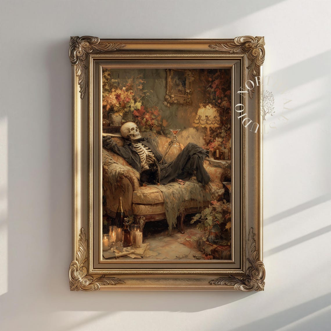 Skeleton Cocktail Velvet Couch Gothic Halloween Oil Painting Poster