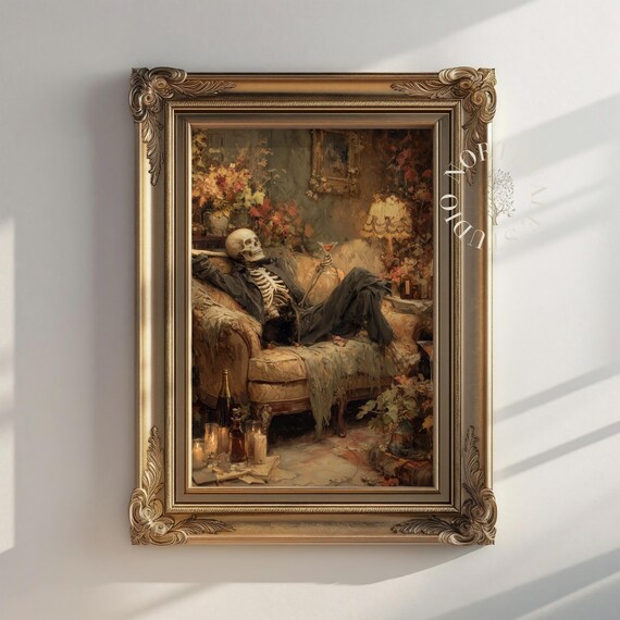 Vintage Skeleton On Velvet Couch Gothic Oil Painting Rustic Autumn Decor Moody Halloween Art Wall 109