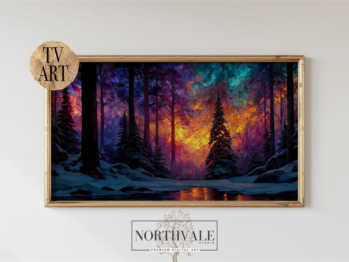 Stained Glass Winter Forest Sunset Snowy Landscape Art Poster