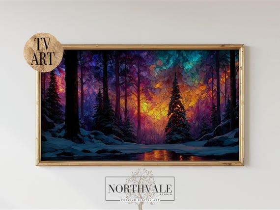 Winter Forest Frame Tv Art Stained Glass Style Landscape Sunset Wall Decor Colorful Rustic 137