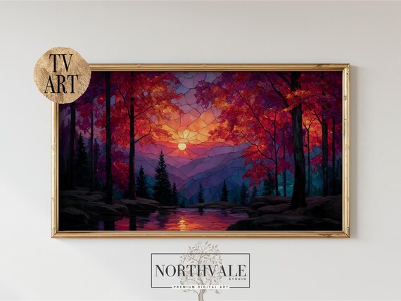 Autumn Forest Sunset Lake Stained Glass Style Frame TV Art Poster