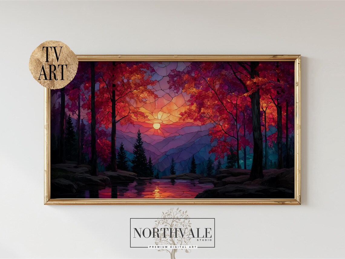 Rustic Autumn Forest Art Stained Glass Style For Frame Tv Warm Sunset Silhouettes Vibrant Fall Decor 144