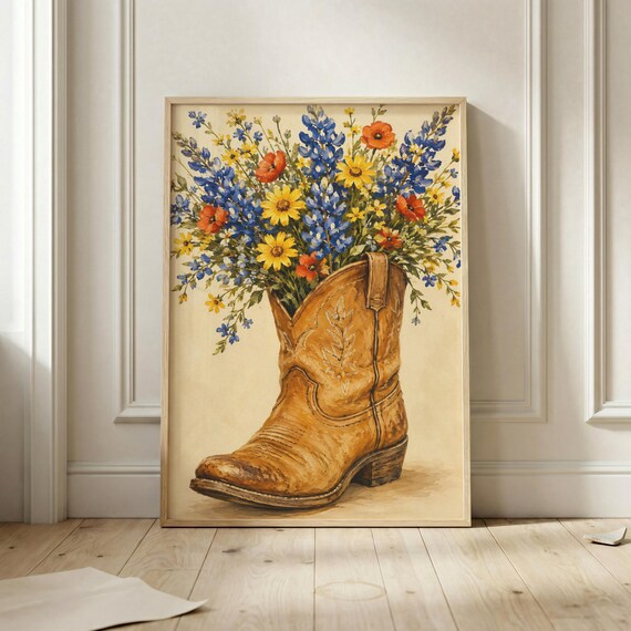 Cowboy Boot Wildflower Bouquet Poster Western Floral Bluebonnet Art