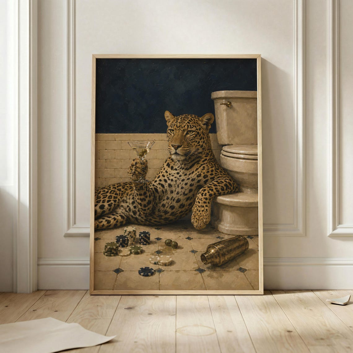 Luxury Leopard Lounging With Martini Bathroom Poker Night Poster