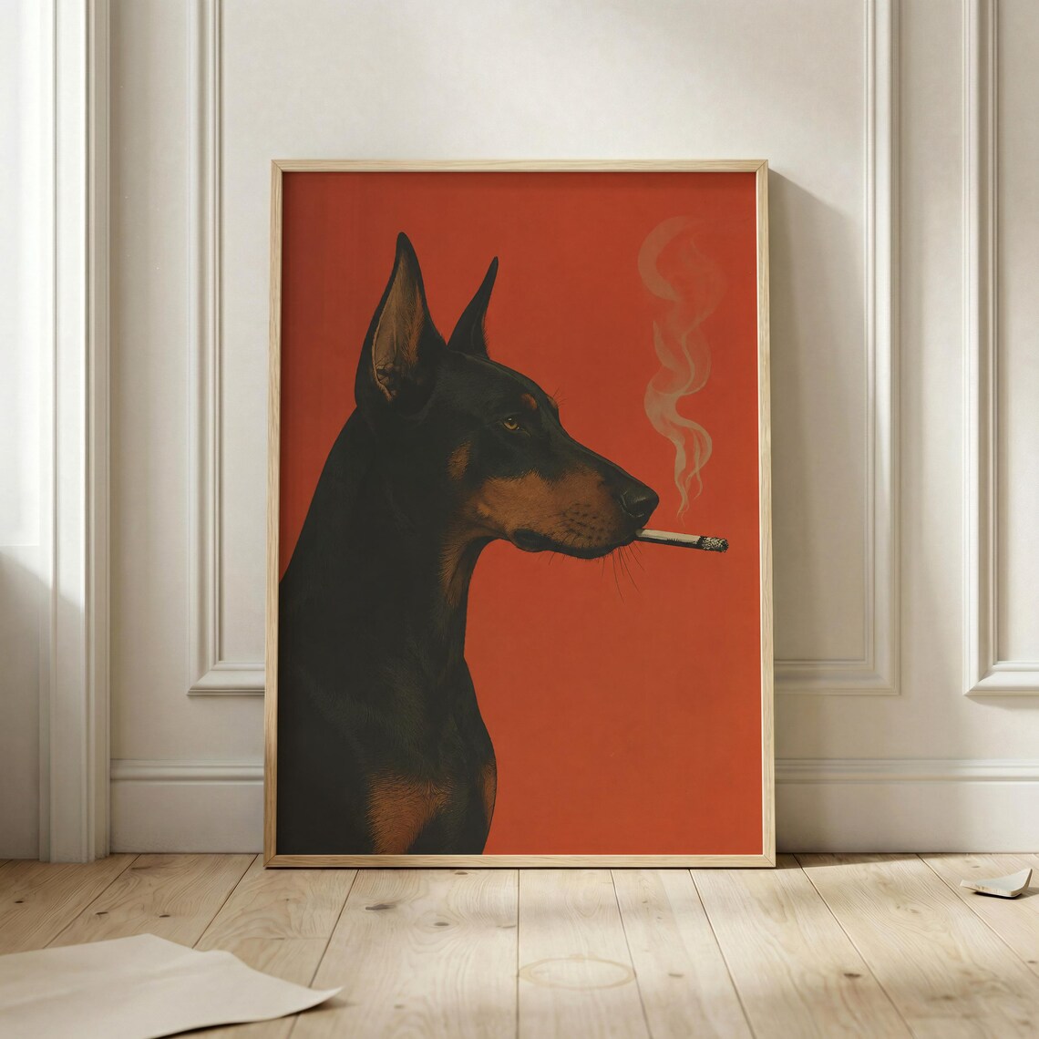 Doberman Smoking Bold Red Vintage Dog Portrait Cool Animal Poster