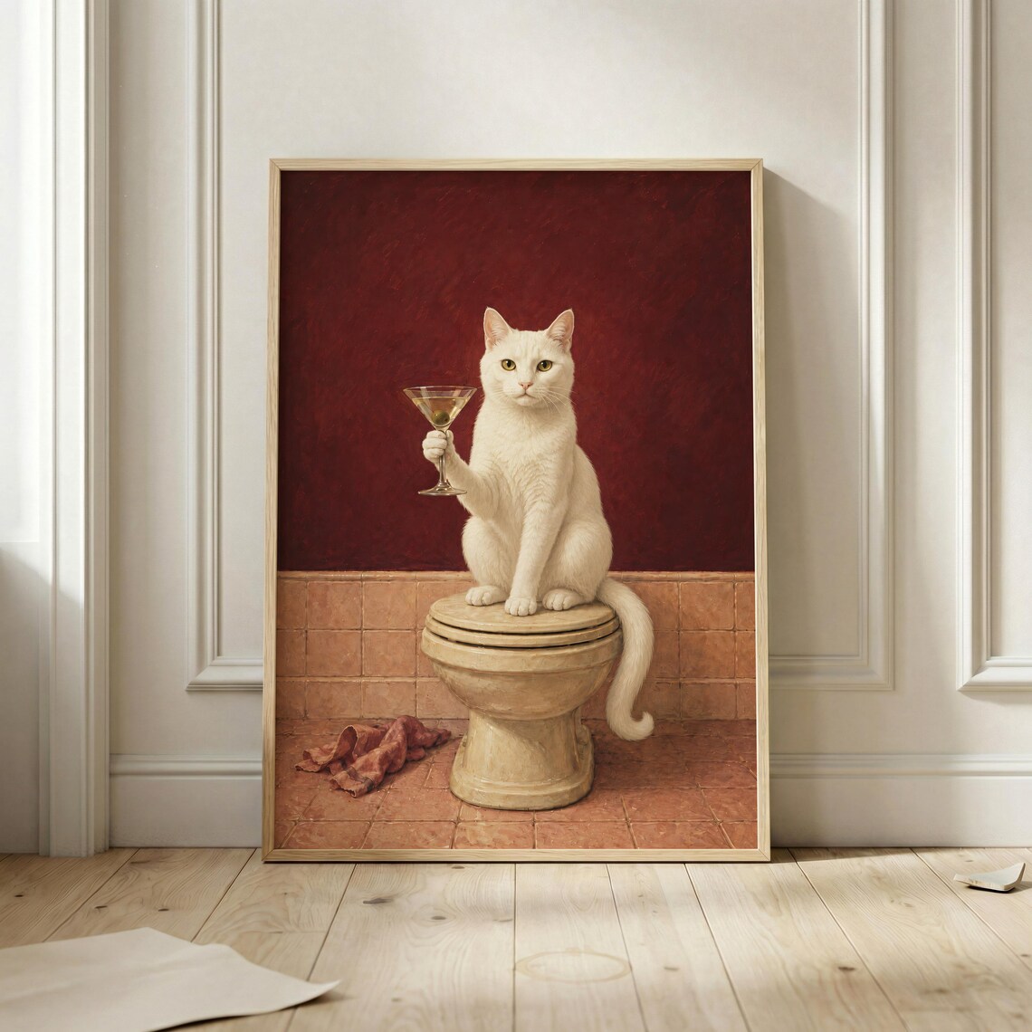 White Cat Martini Poster Print, Vintage Pet Portrait