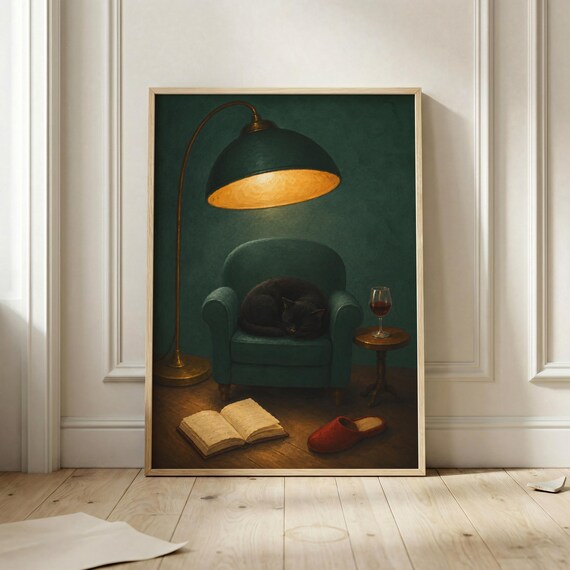 Black Cat Wall Art Cozy Reading Nook Poster Book Lover Artwork Literary Decor Dark Academia Print Vintage Home