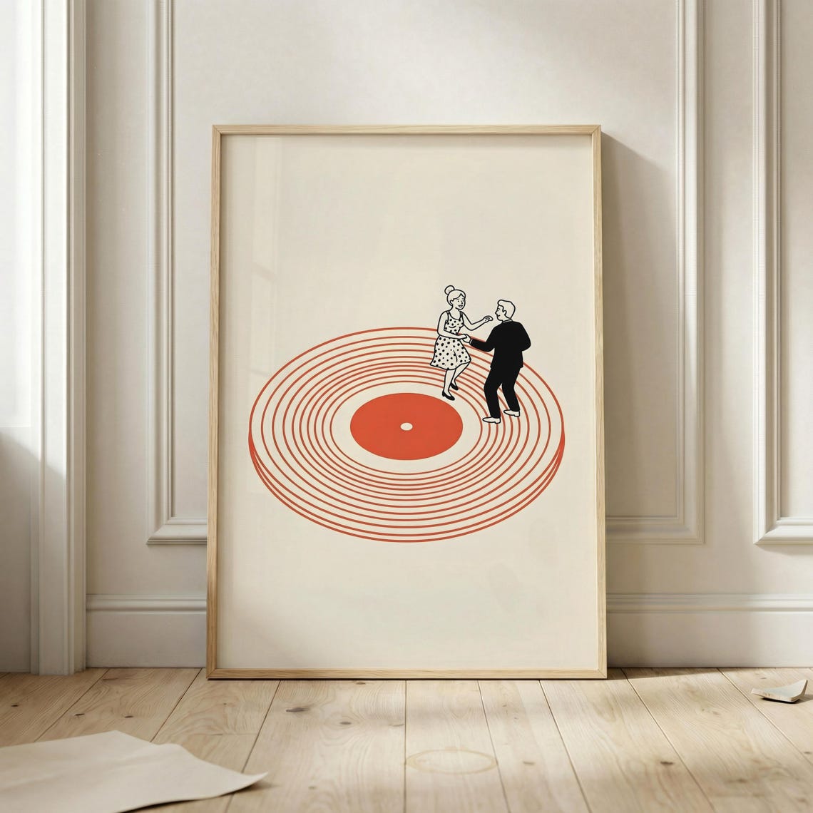Retro Dancing Couple Orange Vinyl Record Mid Century Art Poster