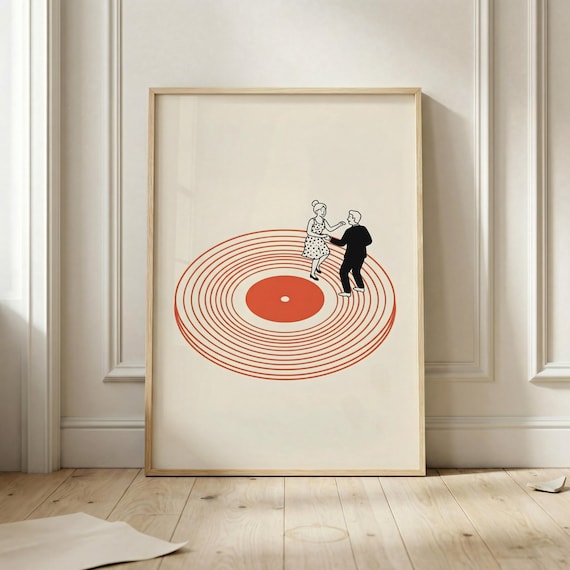 Retro Dancing Couple Orange Vinyl Record Mid Century Art Poster