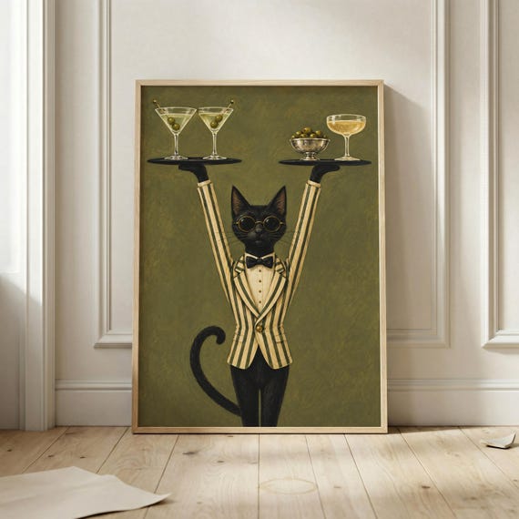 Black Cat Cocktail Vintage Bar Cart Art Print