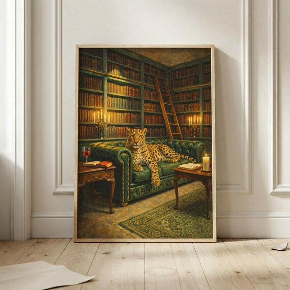 Leopard Library Vintage Reading Room Art Print