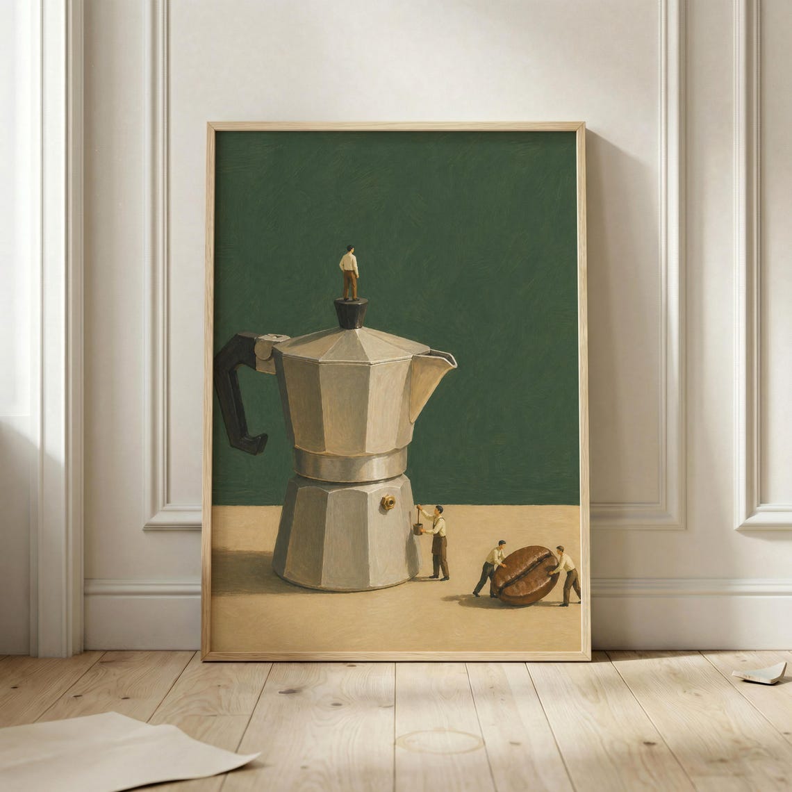 Moka Pot Espresso Tiny People Giant Coffee Bean Scene Poster
