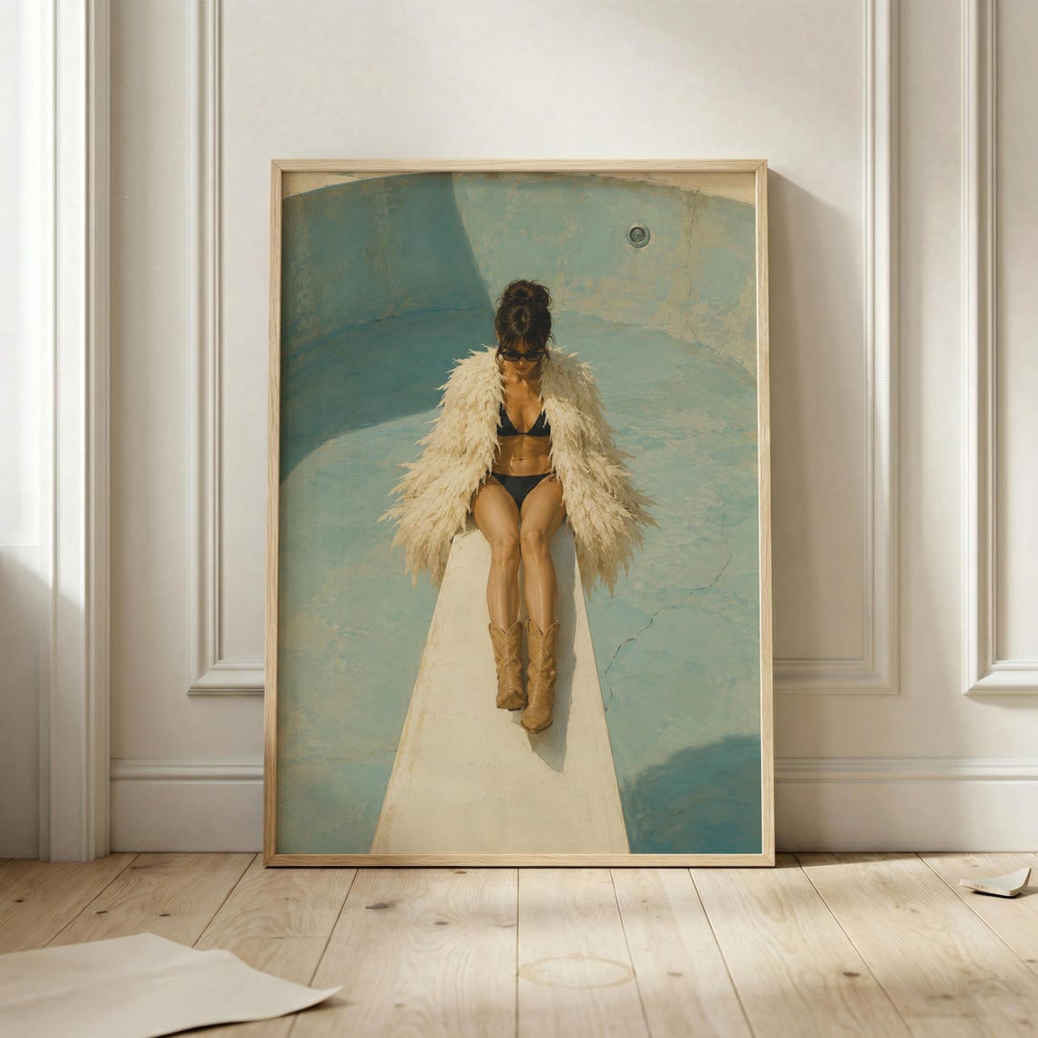 Cowgirl In Fur Coat And Boots Vintage Poolside Western Wall Art