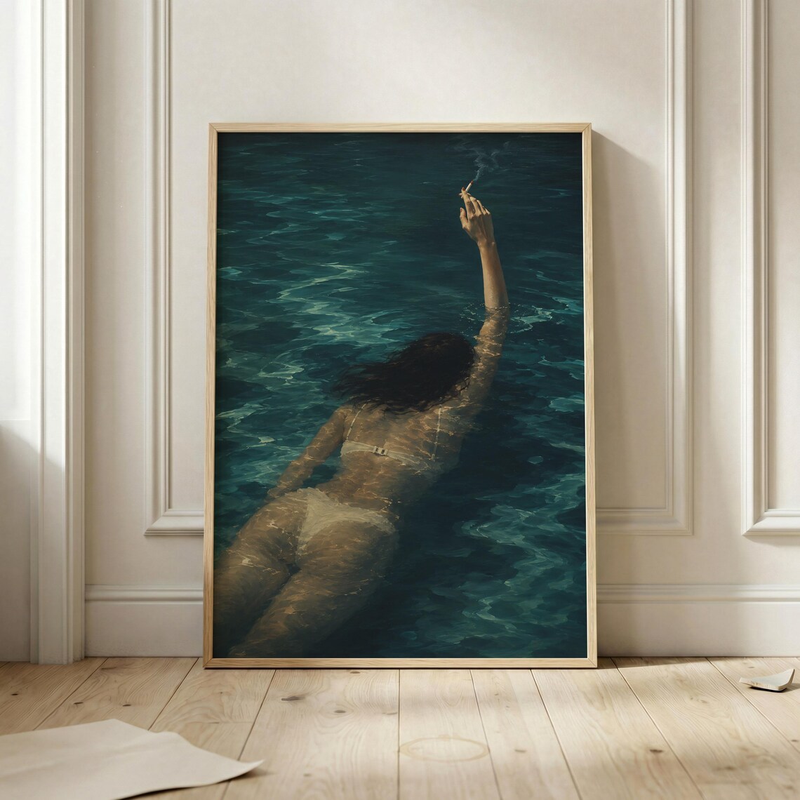 Woman Swimming With Cigarette Moody Night Pool Surreal Dark Poster