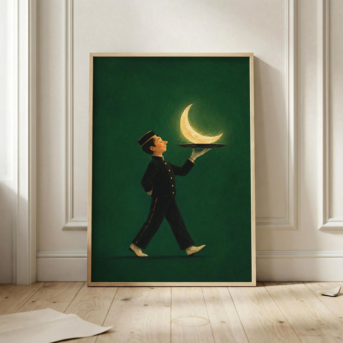 Surreal Waiter Moon Poster, Whimsical Celestial Art