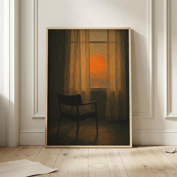 Orange Sun Window Poster Moody Chair Wall Art Minimalist Sunset Print Quiet Room Decor Warm Neutral