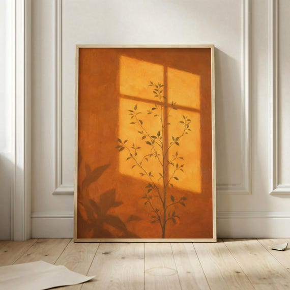 Golden Window Wall Art Print Botanical Shadow Poster Minimalist Nature Artwork Warm Sunset Decor Modern Plant Illustration