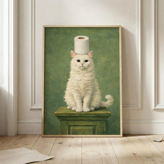 Funny Cat Wall Art Print Toilet Paper Poster Humorous Pet Artwork White Portrait Quirky Bathroom Decor Gift