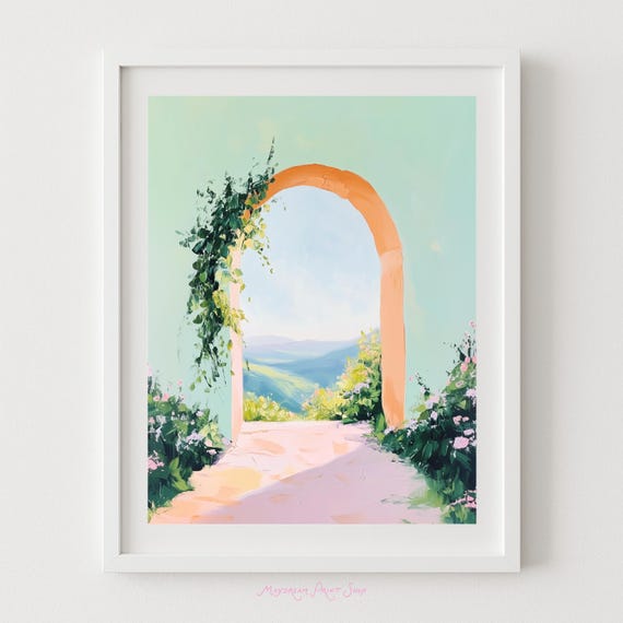 Mint And Orange Archway Print Dreamy Minimalist Garden Decor Pastel Green Peach Painting Country Architecture Landscape