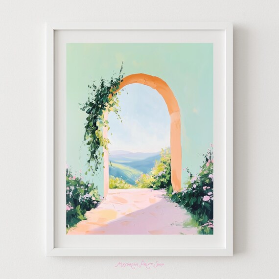 Orange Archway Overlook Vineyard Hills Minimalist Pastel Art Poster