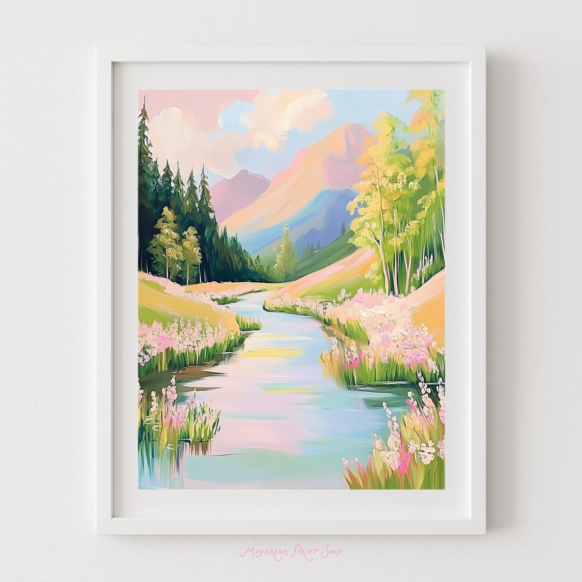 Pastel Mountain Valley River Wildflower Meadow Landscape Art Print