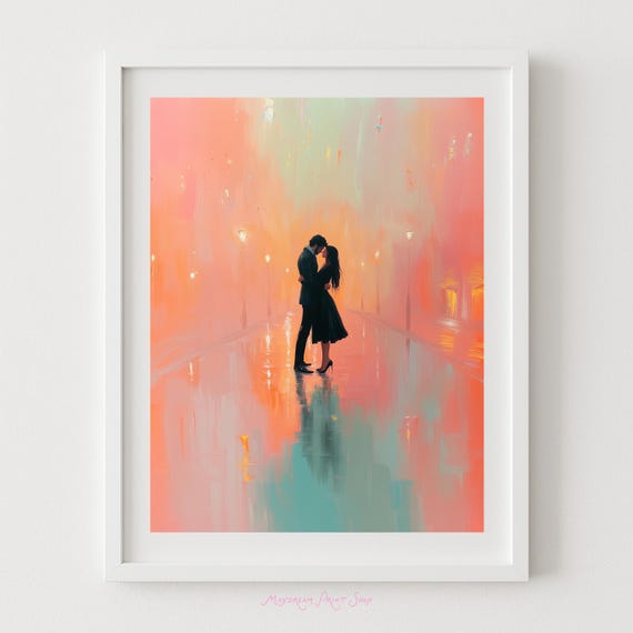 Night Couple Embrace Artwork Romantic Goth Lovers Halloween Instant Art Black Orange And Teal Painting