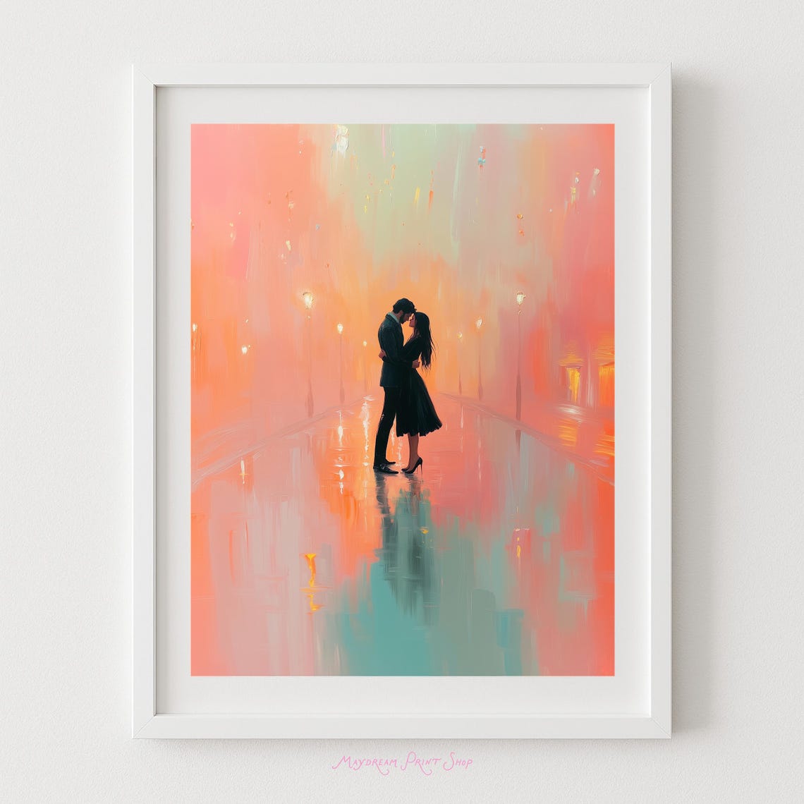 Night Couple Embrace Artwork Romantic Goth Lovers Halloween Instant Art Black Orange And Teal Painting
