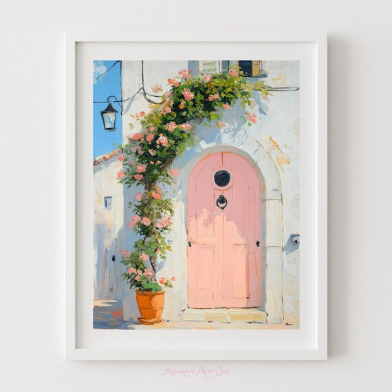 Blush Pink Arched Door With Climbing Roses Mediterranean Summer Poster