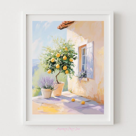 Lemon And Lavender Art Soft Pastel Purple Yellow Oil Painting Instant Travel European Villa Window Poster