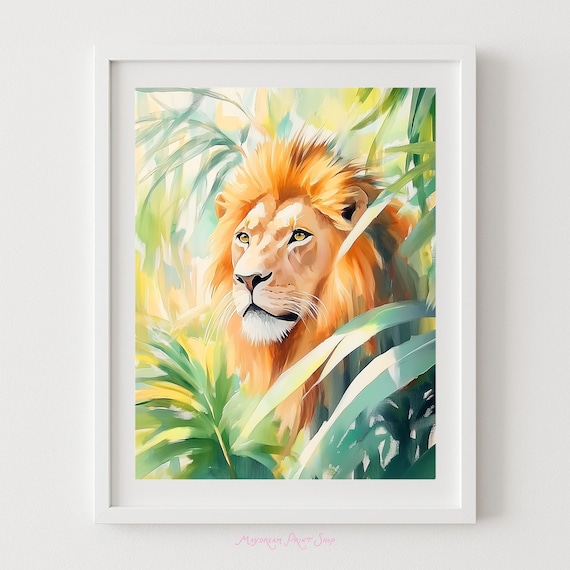 Majestic Lion King In Tropical Jungle Leaves Wildlife Watercolor Poster